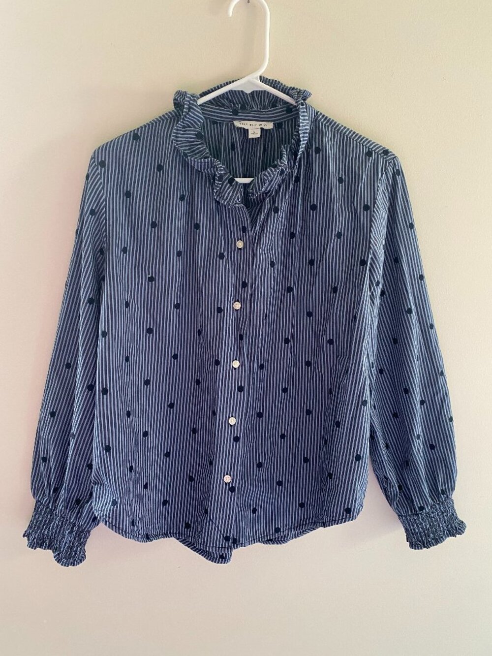 Womens Cotton Blouse Striped Polka Dot Ruffle Neck Button Up Shirt Size L